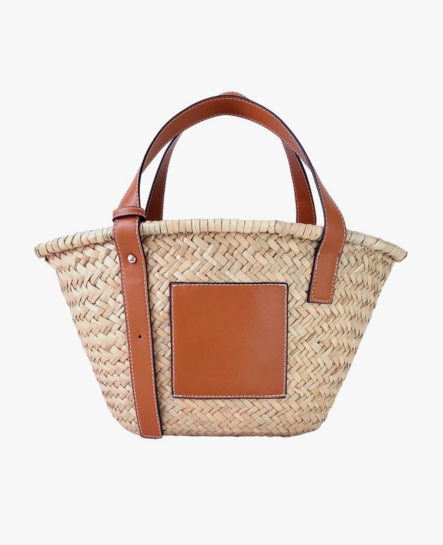 Straw Basket Tote Bag for Women PU Leather Strap Hollow Woven Top Handle Straw Purses and Handbags