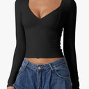 QINSEN Women's Long Sleeve V Neck T Shirts Double Lined Crop Top Seamed Cup Going Out Tops L 