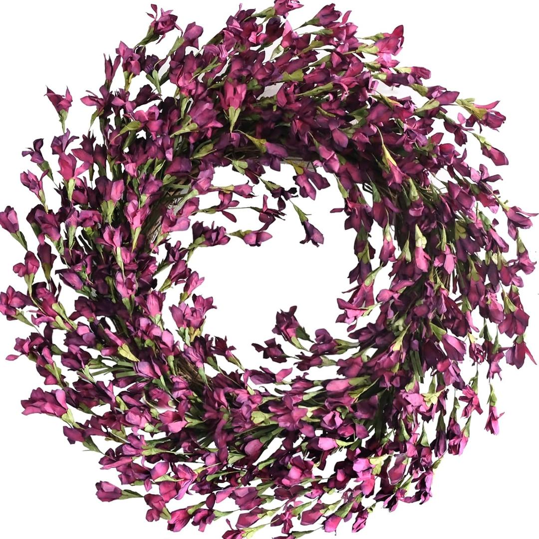 Bibelot Spring Wreath for Front Door, Artificial Forsythia Flower Wreath, Farmhouse Festival Wall Decor (Purple)