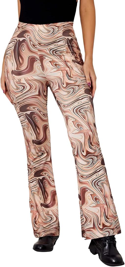 WDIRARA Women's Elastic High Waist Allover Print Floral Bell Bottom Flare Leg Long Pants (S)