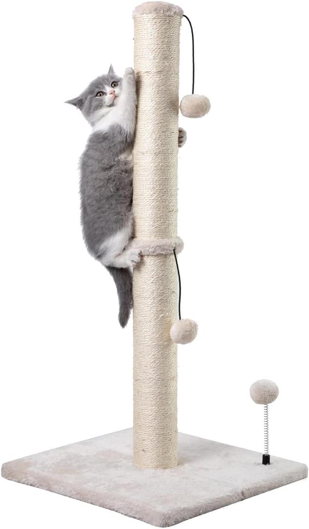 MECOOL 34 Tall Cat Scratching Post Premium Basics Kitten Scratcher Sisal Scratch Posts Trees with Hanging Ball for Indoor Cats, Beige