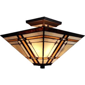 Tiffany Style Ceiling Fixture Lamp Mission 14" Semi Flush Mount Wide Stained Glass Tan Brown Antique Vintage Light Decor Living Room Bedroom Kitchen Hallway Gift AM085CL14B Amora Lighting