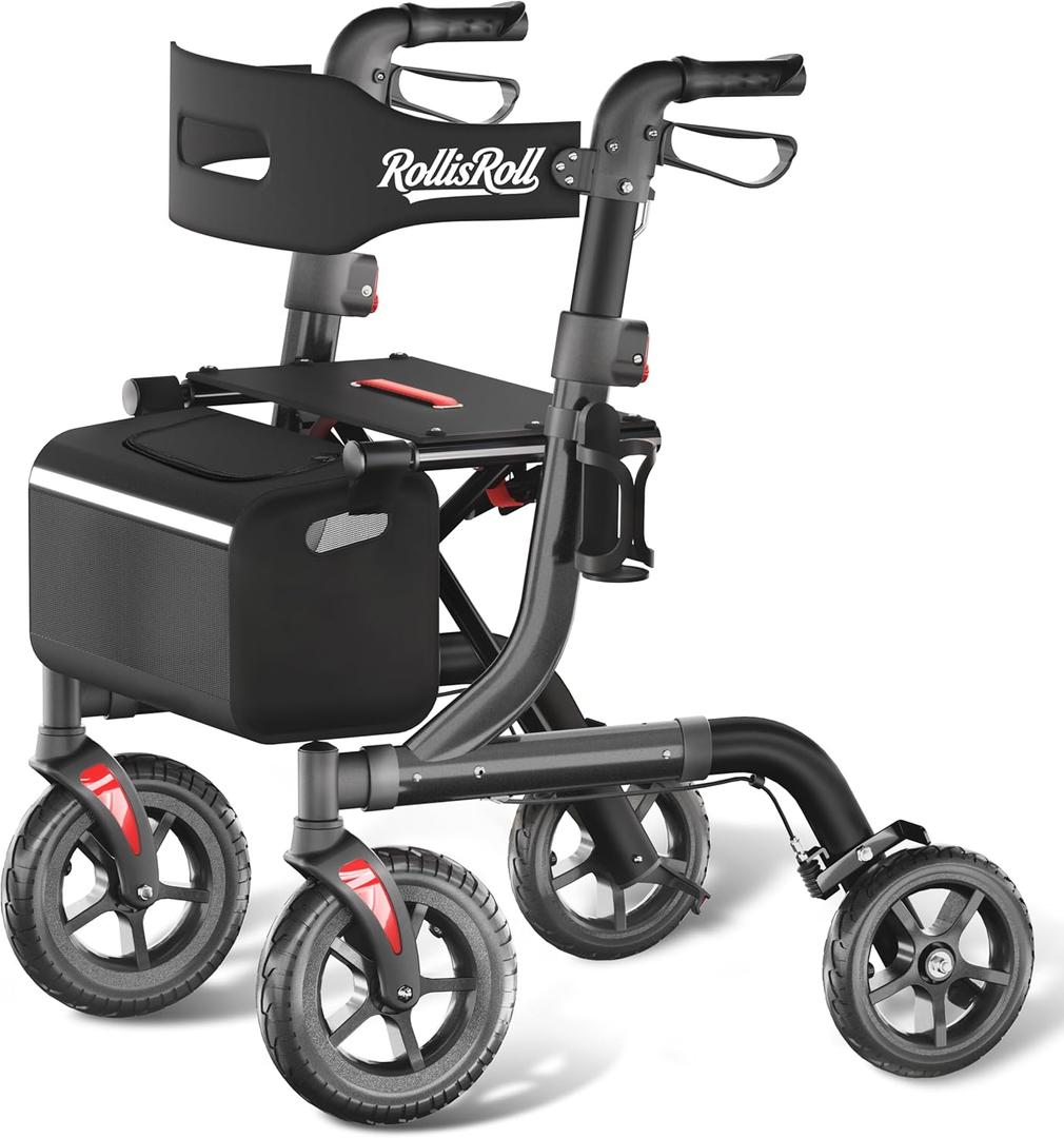 Walkers for Seniors with Seat, Foldable Rollator Walker, Reinforced Aluminum Frame, 10" Big Rubber Wheels for All Terrain, Built-in Cable, Lightweight Rolling Walker, Gray