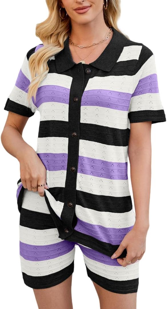 Womens Sweater Knit Pajama Sets Short Sleeve Top and Shorts Matching Lounge Set Loungewear (M)