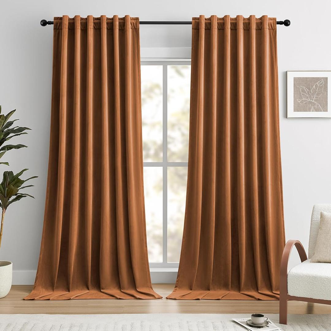 Dreaming Casa 100% Blackout Curtains 102 Inches Long, Amber Golden Velvet Room Darkening Window Drapes Thermal Insulated Soft Luxury Rod Pocket & Back Tab Curtains for Bedroom, 2 Panels, 52"W x 102"L