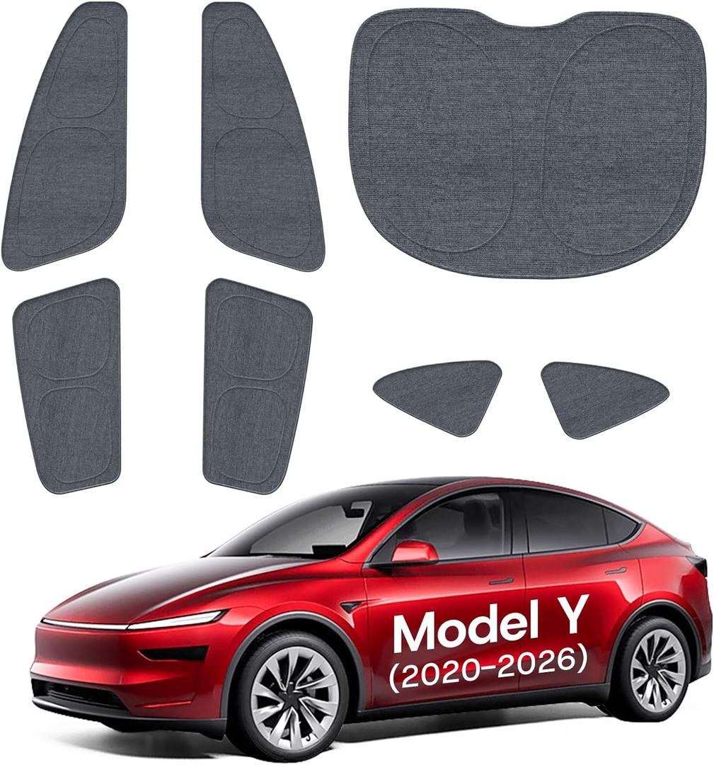 7PCS Side Window Sunshades for 2020-2026 Tesla Model Y (Juniper), [Heavier Cotton-Linen Fabric & 100% Sun Blockage & OEM Design] Dual-Layer Heat Camping & Privacy Shade Set with Storage Bag