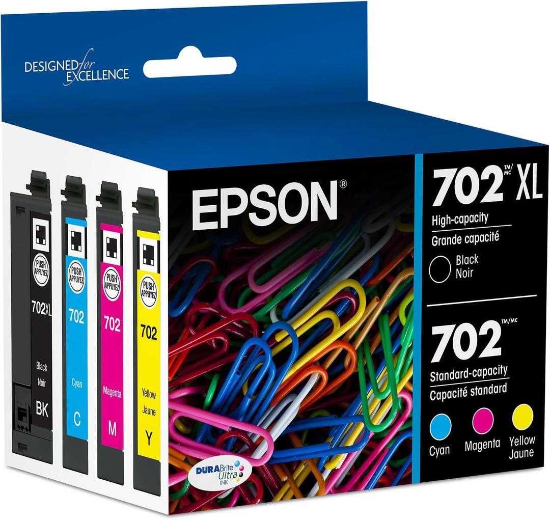 EPSON 702 DURABrite Ultra Ink High Capacity Black & Standard Color Cartridge Combo Pack (T702XL-BCS) Works with WorkForce Pro WF-3720, 3730, 3733