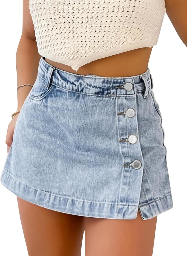 Denim Skort for Women Trendy Slit Mini Denim Skirt Casual Stretchy Jean Skirt with Shorts Summer Short Skirt, M