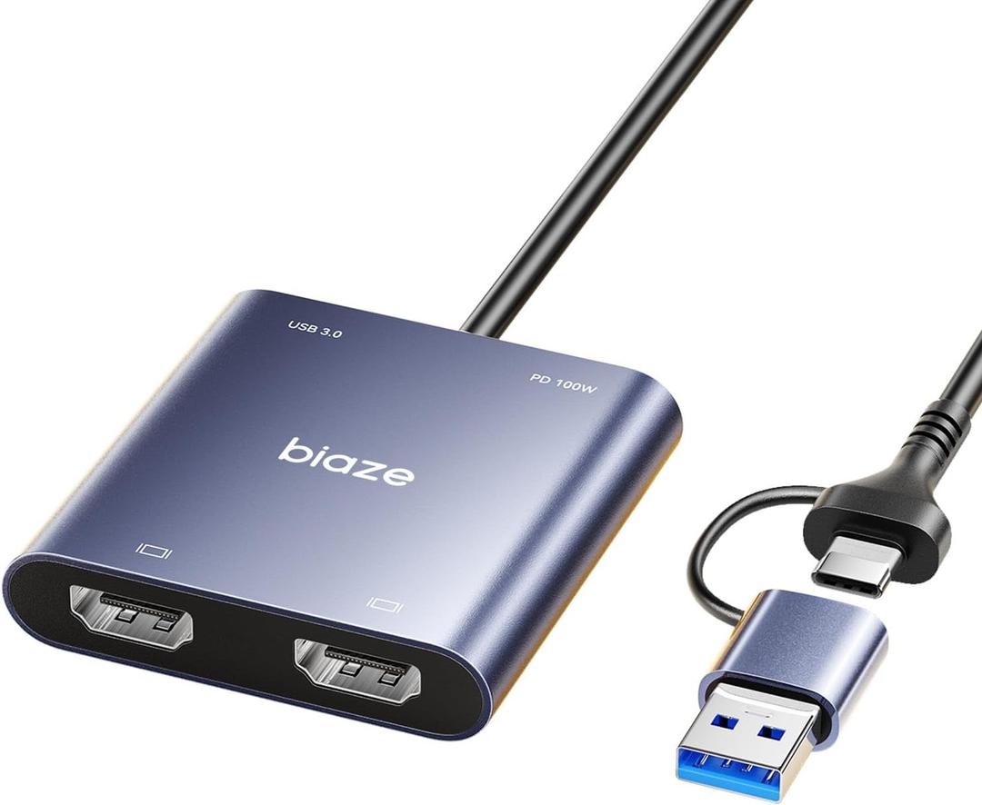 Dual HDMI Adapter, USB C & USB 3.0 to Dual HDMI 60Hz Hub with 100W PD Charging, 2 Monitor Extended Display Adapter for MacBook M1/M2/M3, Windows Laptops, iPad Pro, Chromebook