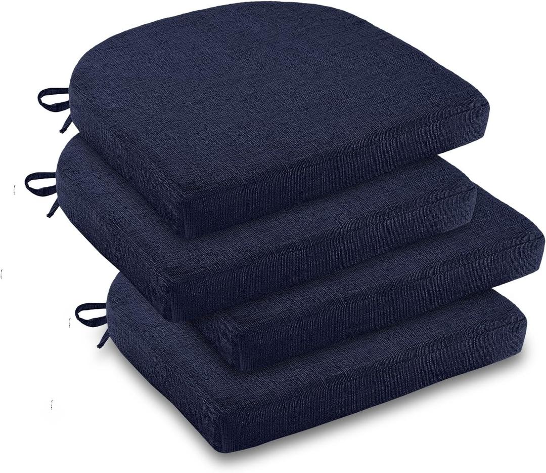 downluxe Indoor Chair Cushions for Dining Chairs, Soft and Comfortable Textured Foam Kitchen Chair Pads with Ties and Non-Slip Backing, 16" x 16" x 2", Navy, 4 Pack