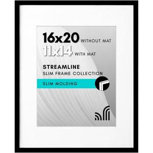 Americanflat 16x20 Picture Frame with Polished Plexiglass - Use as 11x14 Frame with Mat or Display 16x20 Photo Without Mat - Streamline Collection - Thin Border Picture Frames for Wall - Black