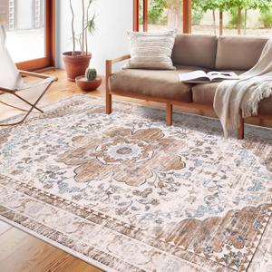 Ileading Bohemian Vintage Area Rug 5x7ft,Machine Washable Low-Pile Living Room Accent Carpet Non-Shedding rugs for Bedroom Non-Slip Floor Throw Rugs for Kitchen,Dining Room,Kids Playroom(Beige&Orange)