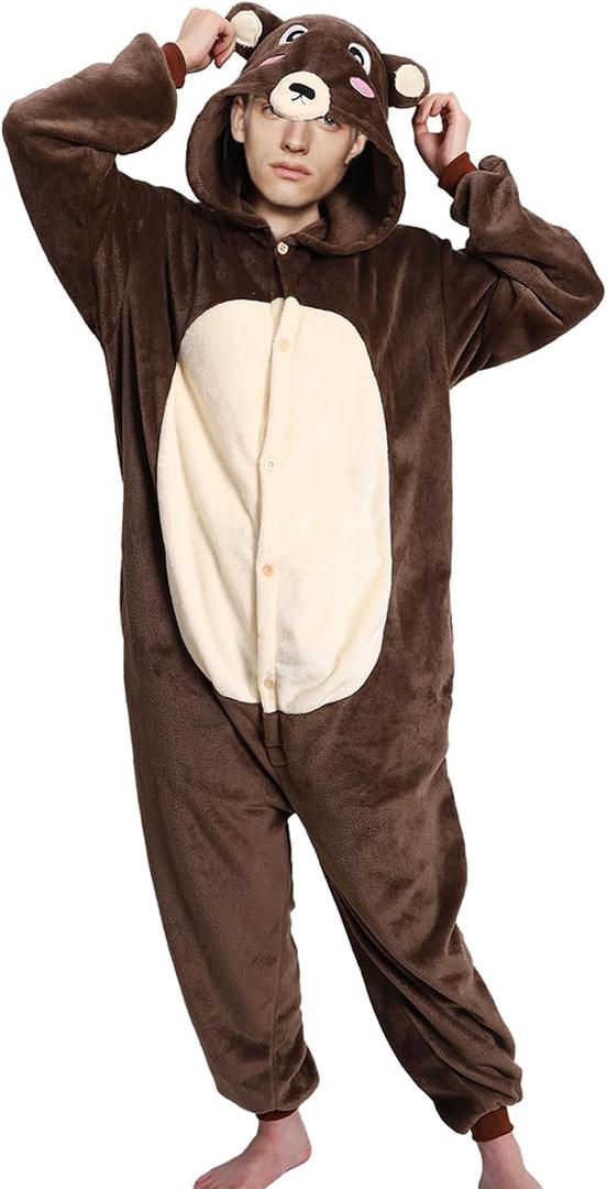 PARTTELY Adult Animal Onesie Pajamas - Unisex Plush Fleece Loungewear, Winter Warm Sleepwear for Men Women (Brown, S)