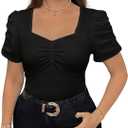 Floerns Women's Plus Size Sweetheart Neck Ruched T Shirt Puff Short Sleeve Tee Tops Black Large Plus