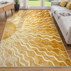 Wonnitar Sun Print Washable Area Rugs, 6x9 Rug for Kids Room Living Room, Gradient Yellow Soft Non Slip Sunshine Boho Ultra-Thin Carpet for Bedroom Classroom Playroom Nursery