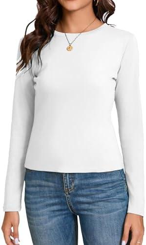 Dwnval Women's Fall Long Sleeve Crewneck T Shirt Basic Slim Fitted Knit Going Out Tops(White, M)