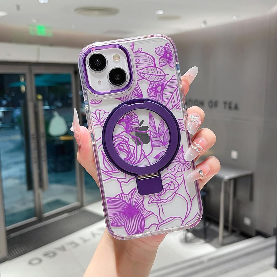 XIZYO Magnetic for iPhone 13 Case Floral Flower Cute [Compatible with MagSafe] Magnetic Ring Stand Clear Rose Women Girly Kickstand Shookproof Case 6.1 Inch-Purple