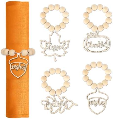 Thanksgiving Napkin Rings Set of 7 Wooden Napkin Rings Pumpkin Maple Leaf Decorations, Thanksgiving Napkins Decorations for Table Fall Dinner Wedding Holiday