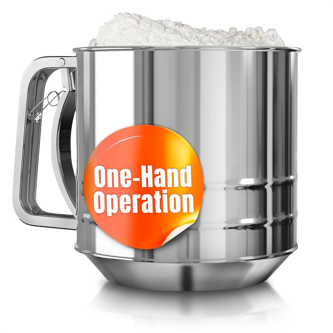 5 Cup Flour Sifter for Baking  Flour Sifter Stainless Steel with Easy One-Hand Press, Double Mesh, Comfortable Grip, Dishwasher Safe  Large Capacity for Batch Baking, Powdered Sugar, Cocoa & Pastry