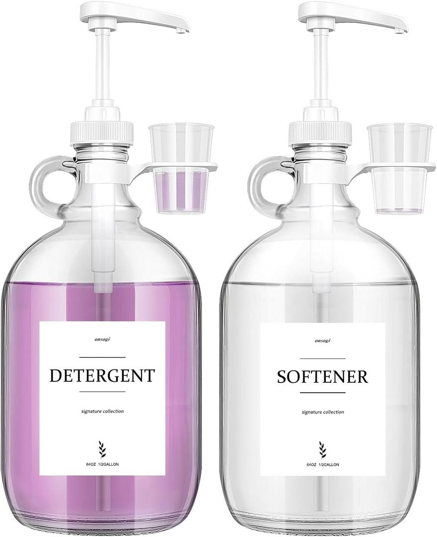 2 Pcs Glass Liquid Laundry Detergent Dispenser with Cup Holders, Half Gallon Dispenser for Laundry Room (64 oz. Each), Laundry Detergent Bottles with Pump Dispenser -Includes Labels, Measuring Cups