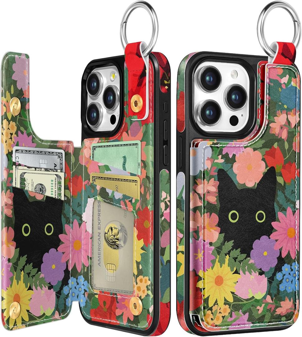 for iPhone 15 Pro Wallet Case with Card Holder, Cute Funny Designer Floral Cat Pattern Kickstand Magnetic Clasp Back Flip Folio Leather Cases for iPhone 15 Pro Phone for Girls Women,6.1 Inch