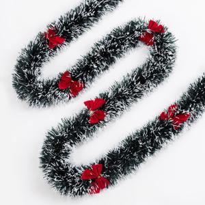 Christmas Tinsel Garland Decor, Dark Green Snowy White Tips Garland with Red Bows, Holiday Party Xmas Tree Decoration, 2 Pieces/Set, 6 ft/Piece