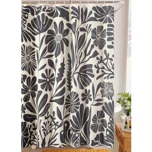 RoomTalks Black Vintage Floral Faux Linen Shower Curtain Extra Long 78 Inch - 210GSM Heavy Duty Modern Farmhouse Country Rustic Matisse Plants Botanical Shower Curtain Set (Black and Beige)