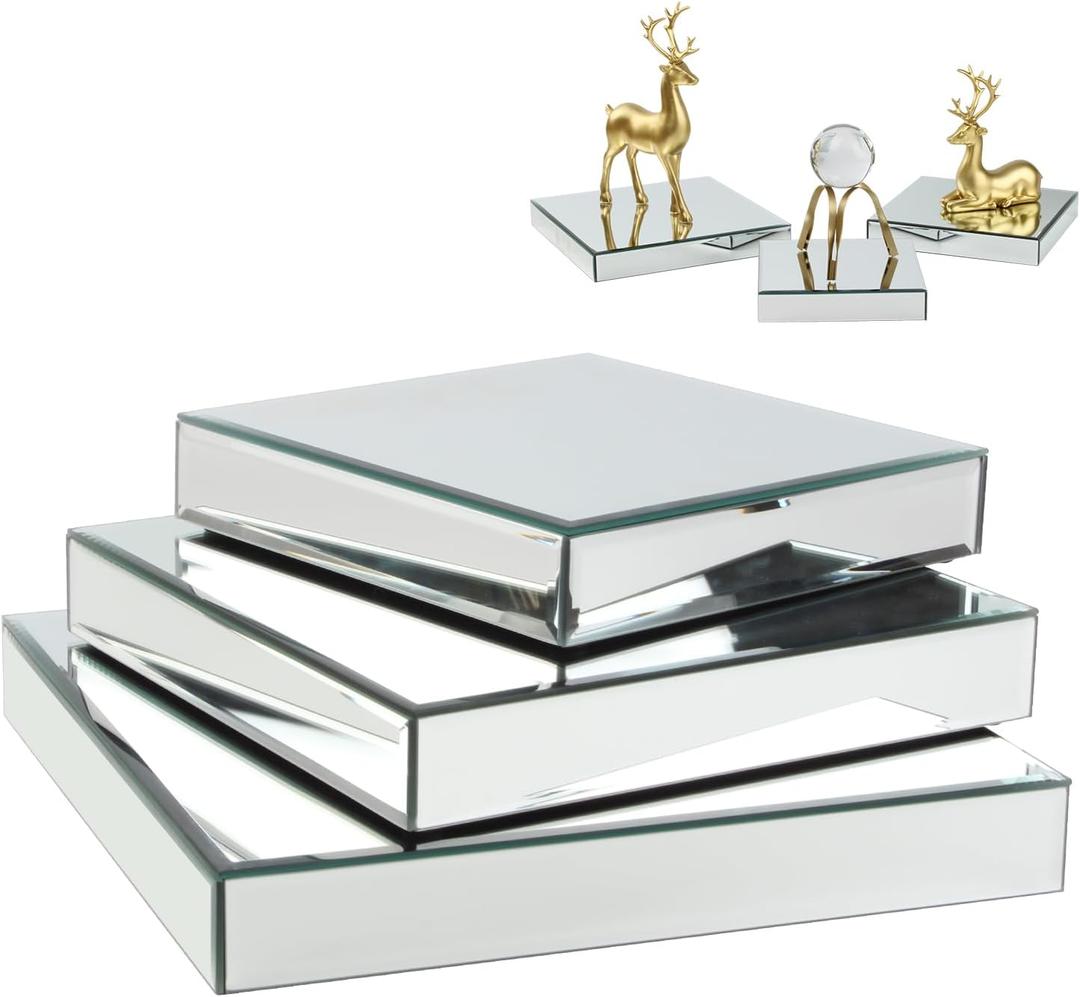 Square Mirror Reflection Display Platform Riser Stand, Silver Mirror Purses Shoe Table Centerpiece Display Stand Shelf for Decorative Pieces, Glam Accent Dessert Jewelry Showpeice Display Rack
