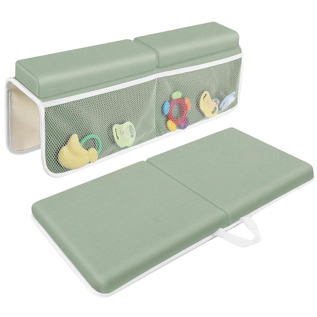JJGoo Bath Kneeler with Elbow Rest Pad Set, 1.5 inch Kneeling Pad Mat for Bathtub Baby Bathing Parents, Painless Foam Mat with Toy Organizer Pockets, Non-Slip for Baby and Toddler Bathing (Green)