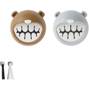 Adorable Bear Adhesive Hooks 2pcs - No Drill Child-Safe Towel Rack, Space-Saving Wall Mount for Bathroom, Kitchen & Nursery, Cute Animal Design with Secure Hold (Gray & Brown)