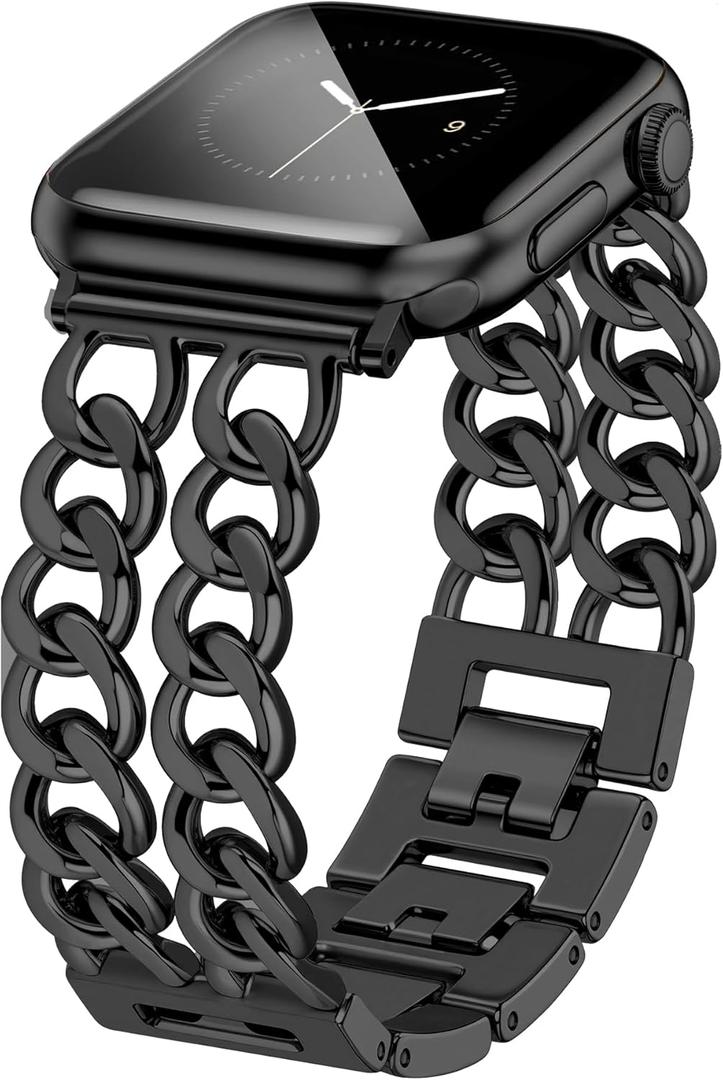 JR.DM Black Watch Bands for Women Compatible with Apple Watch Adjustable Metal Band Cowboy Steel Chain Bracelet for iWatch B4 Black, 41/40/38/42mm(series 10/11) (No Case)