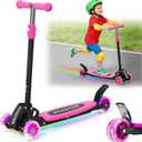 CALCHELE Kids Kick Scooter, Kick Scooter for Kids 2-7 Age, Light up 3 Wheels Kick Scooter, Heavy Duty Folding Lean-to-Steer Scooters with 3 Adjustable Handlebar for Boys Girls Pink