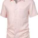 ZEROYAA Men's Linen Shirts Short Sleeve Summer Casual Button Down Beach Shirt with Pocket (Pink, XXL)