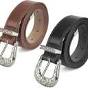 INOGIH Adjustable-Vintage-Western-Cowboy-Belt Women Men - Cowboy-Style Engraved-Buckle Belt for Jeans Pants Dresses (One Size, Black/Coffee)