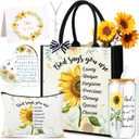 Capoda 5 Pcs Christian Sunflower Gifts for Women, Christmas Religious Sunflower Tote Bag Makeup Bag Glass Tumbler Acrylic Heart Ornament Cross Necklace Blessing Card for Bible Inspirational Gifts