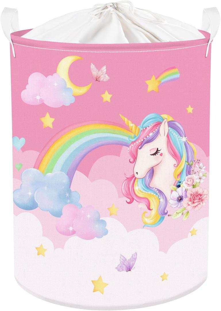 Clastyle 45L Pink Unicorn Laundry Basket for Girls Round Rainbow Kids Laundry Hamper Moon Stars Flower Cloud Toy Clothes Storage Basket