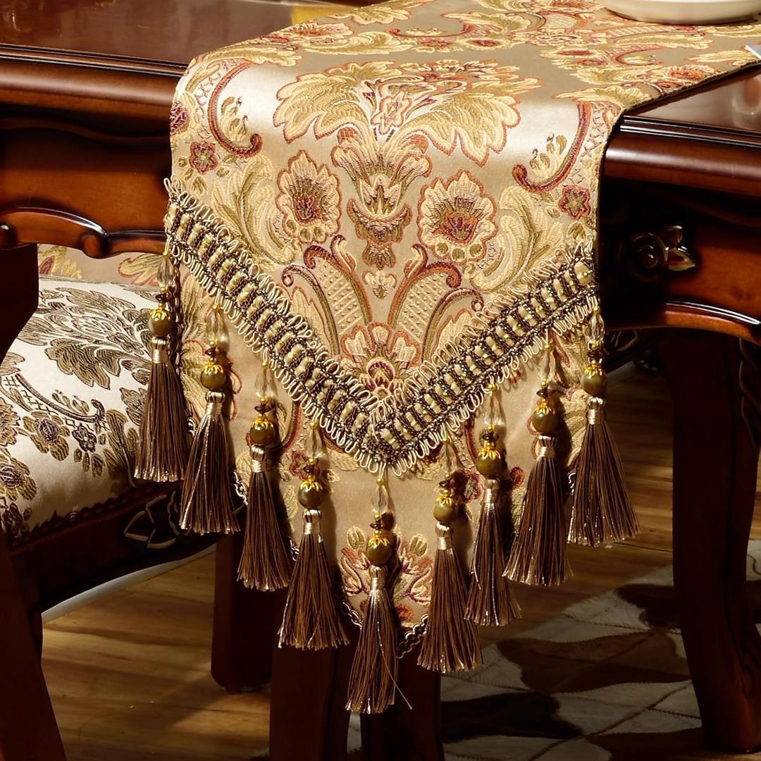 Luxury Velvet Gold Table Runner 72 Inches Long with Vintage Damask Jacquard Design for Dining Room,Living Room,Home Decor,Elegant Beaded Tapestry,Lining