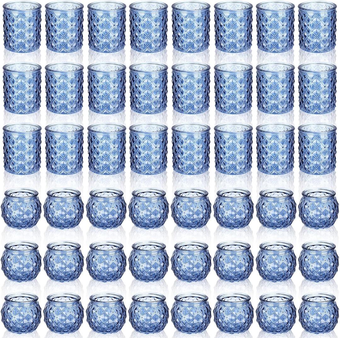 Maxdot Votive Candle Holders Set of 48- Round Glass Candle Holder Bulk for Wedding Home Decoration, Tea Lights Holders for Wedding Shower, Party Gift (Blue)