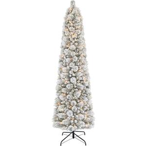 Puleo International 7.5ft Pre-Lit Flocked Portland Pine Pencil Christmas Tree with 350 Clear Lights, 496 Realistic Dense Snow Flocked Branch Tips, Easy Setup Artificial Trees with Sturdy Metal Stand