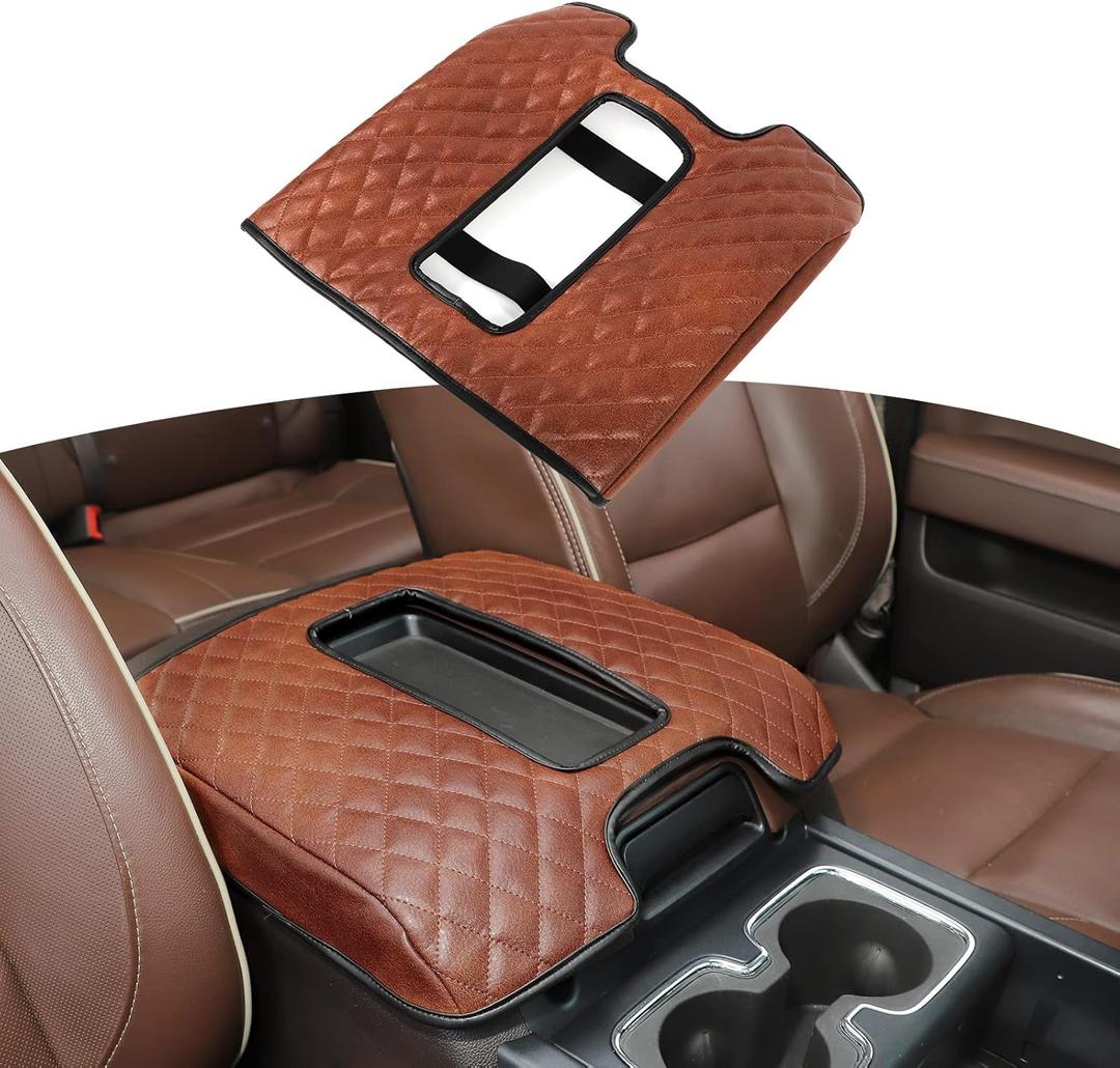 RT-TCZ for Silverado Center Console Cover Armrest Pad PU Leather for Chevy Silverado/Suburban/Tahoe 2014-2017 for GMC Sierra/Yukon 2014-2017 Brown Liner