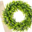 20" Boxwood Wreath with Metal Hanger & Burlap Ribbon  Lush Front Door, Wall, or Window Decor  Indoor/Outdoor Faux Greenery  Rustic Farmhouse Style for Year-Round Warmth & Charm