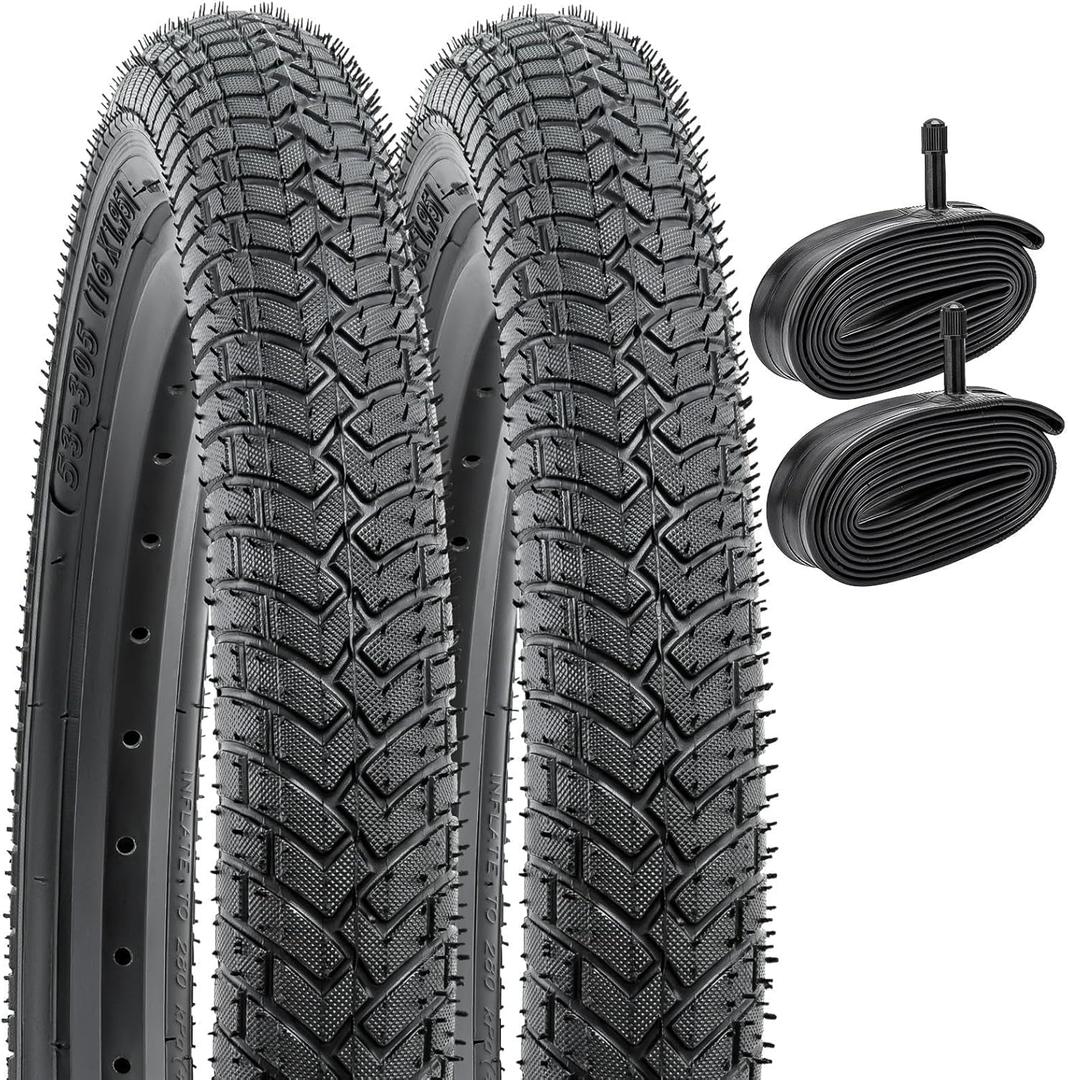 YUNSCM 2-PCS 16" Road Bike Tires 16x1.95/53-305 16x2.125/57-305 and 16" Heavy Duty Bike Tubes Shrader Valve Compatible with Kid Bike 16 x 1.95 16x2.0 16x2.10 16 x 2.125 Bicycle Tires and Tubes