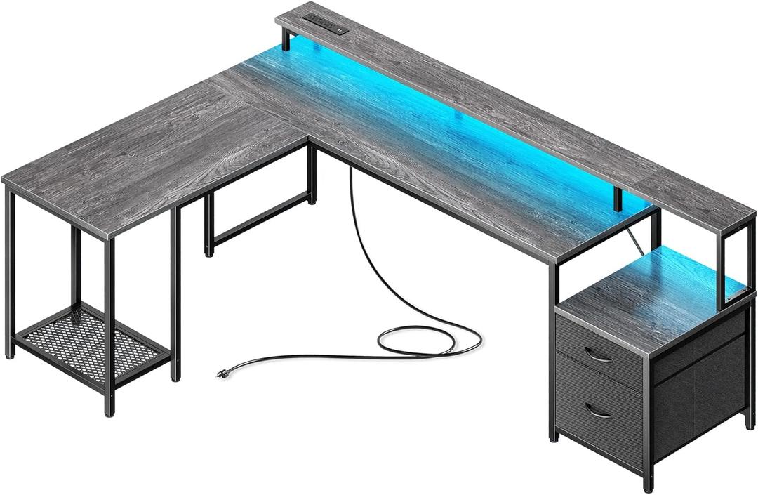 PRAISUN 66" L Shaped Gaming Desk with LED Lights & Power Outlets, Computer Desk with Fabric Drawers and Print Stand, Corner Office Desk, Monitor Stand, Mesh CPU Stand, Grey