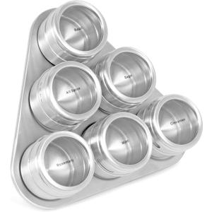 Internet's Best Triangle Magnetic Spice Rack - 6 Jars - Round Storage Spice Rack Set - Clear Sift and Pour Lid - Stainless Steel