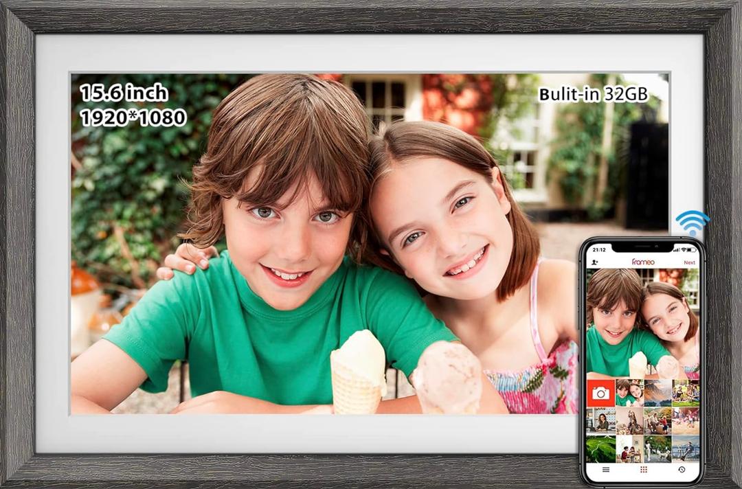 FRAMEO 15.6 Inch 32GB WiFi Large Digital Photo Frame 1920 * 1080 IPS FHD Touch Screen Smart Digital Picture Frame, Wall Mountable, Auto-Rotate,Share Moments Instantly via Frameo App from Anywhere (Black)
