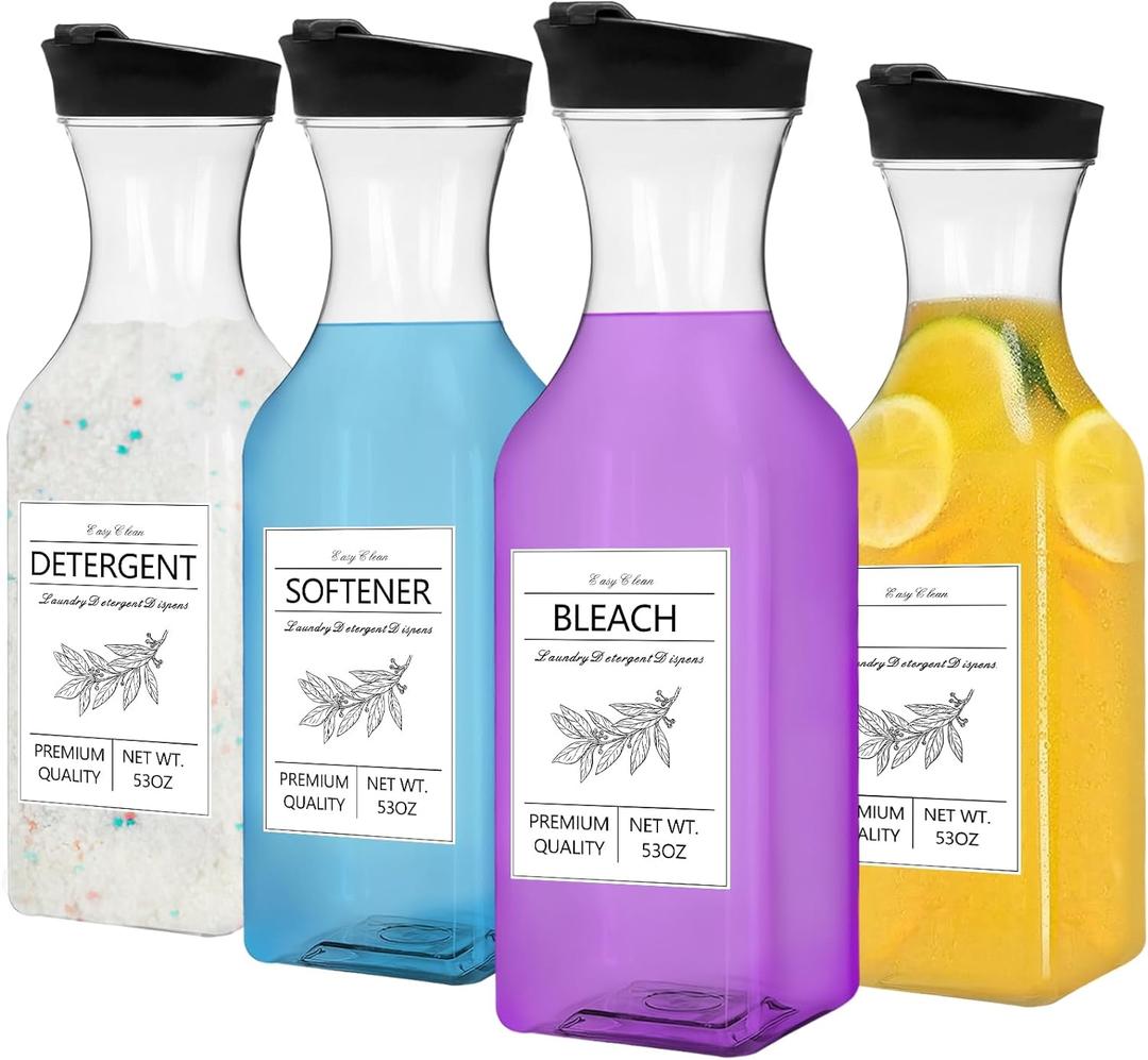 Laundry Detergent Dispenser Bottle 53oz with Label,4 Pack Liquid Laundry Dispenser,Plastic Detergent Dispenser for Laundry Room Organization and Storage,Black Lid