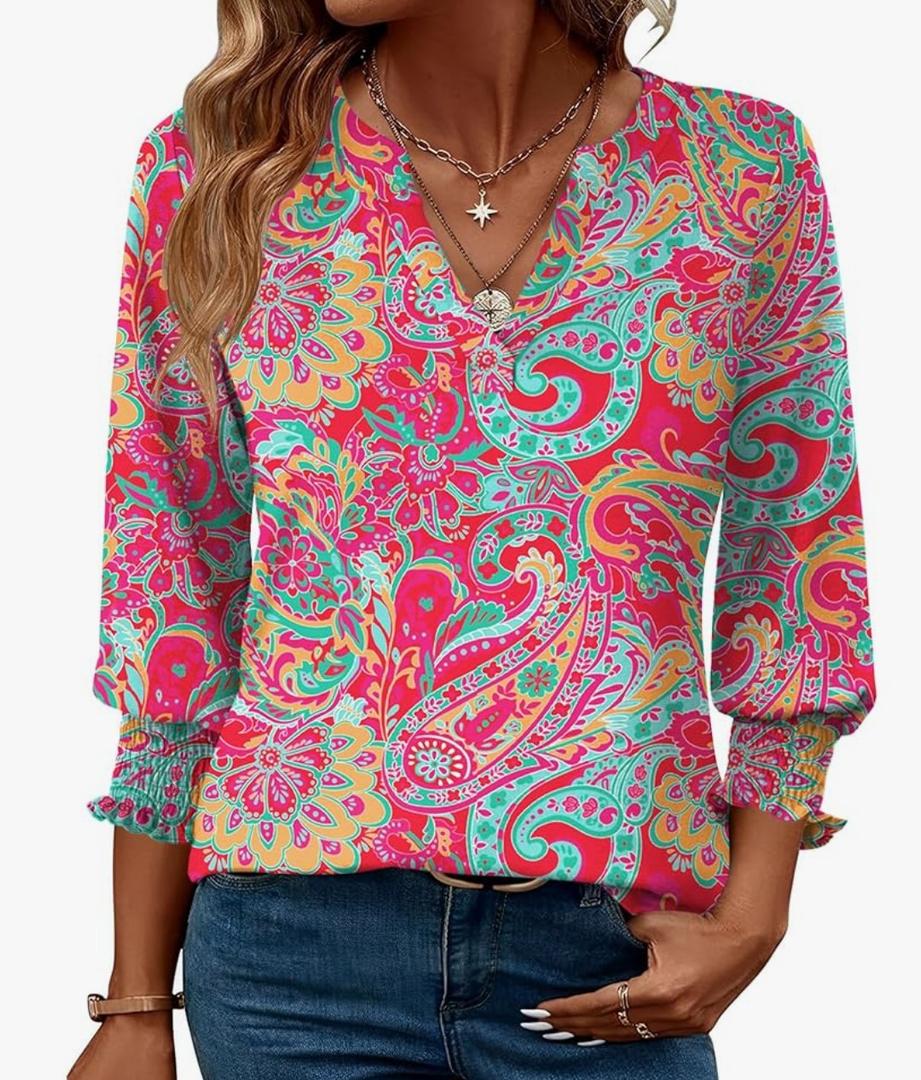 LOMON 3/4 Length Sleeve Womens Tops Summer Loose V-Neck Eyelet T-Shirts Dressy Casual Ruffle Sleeve Tunic Blouses (XL)
