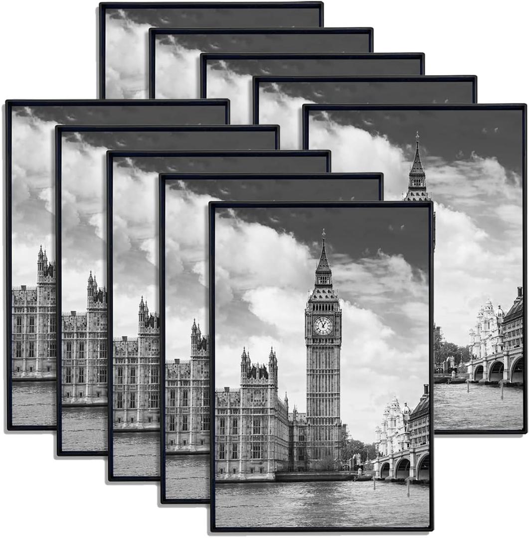 GOmaize Front Loading Black Picture Frame 4x6 Set of 10 Wall and Table Mounting
