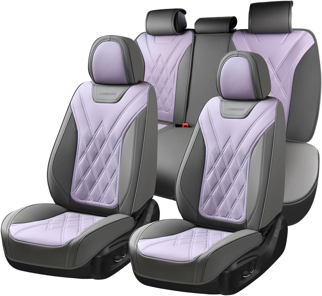 Coverado Car Seat Covers Full Set, Seat Covers for Cars, Waterproof Leather Automotive Seat Cover, Universal Car Interior Protectors Cushion for Most Cars Gray_Pruple