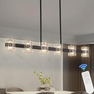 47'' Black Linear Chandelier, Modern Farmhouse Kitchen Island Light with Glass Shades, 6 Light Dimmable LED Pendant Light for Dining Room